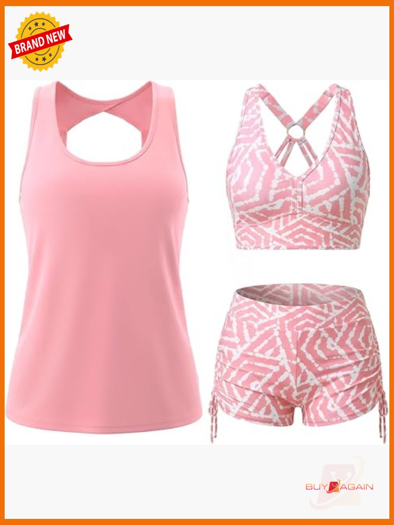 3 Piece Tankini Set With Board Shorts & Sports Bra